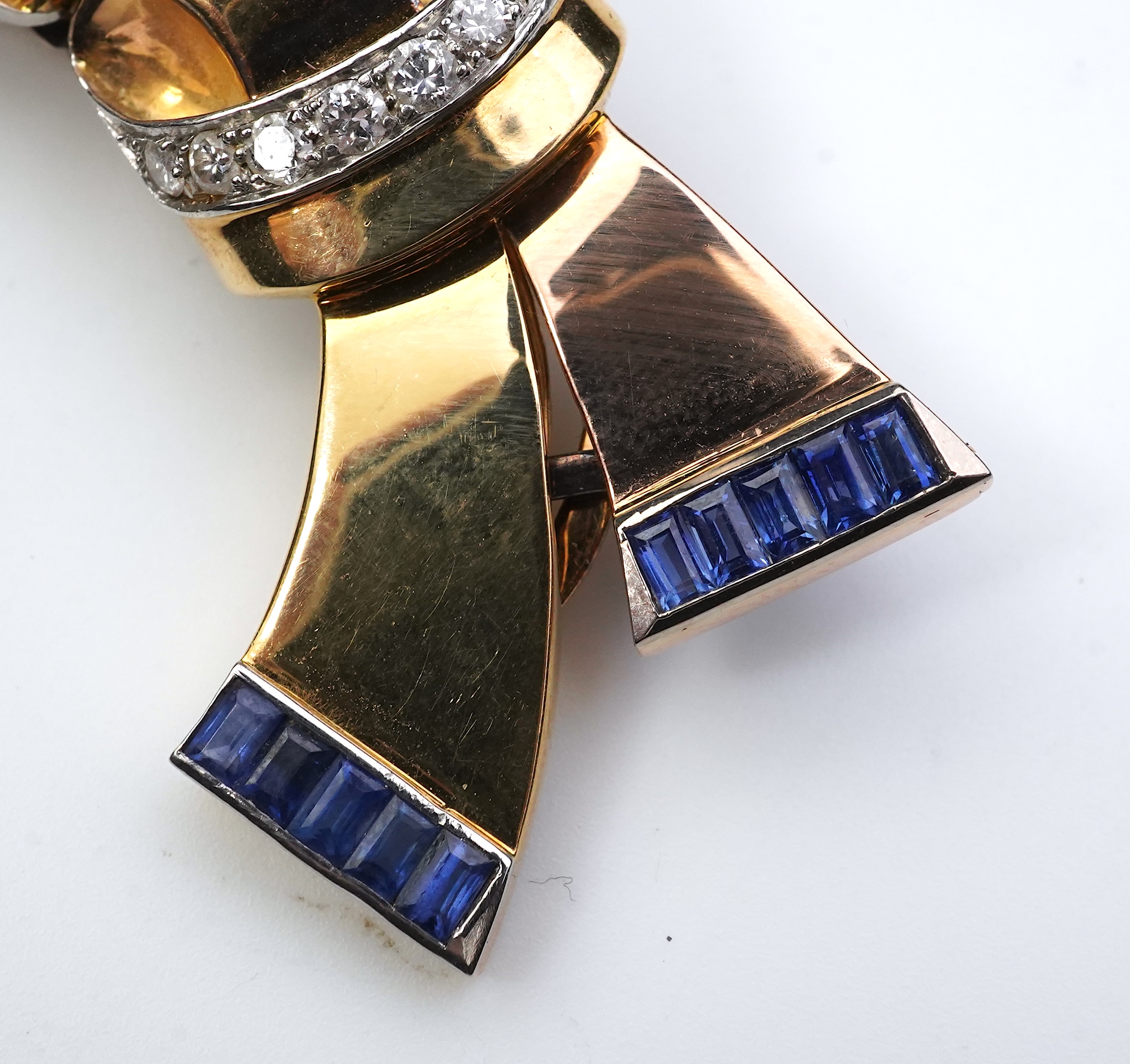 A Retro gold, sapphire and diamond double clip brooch, circa 1940